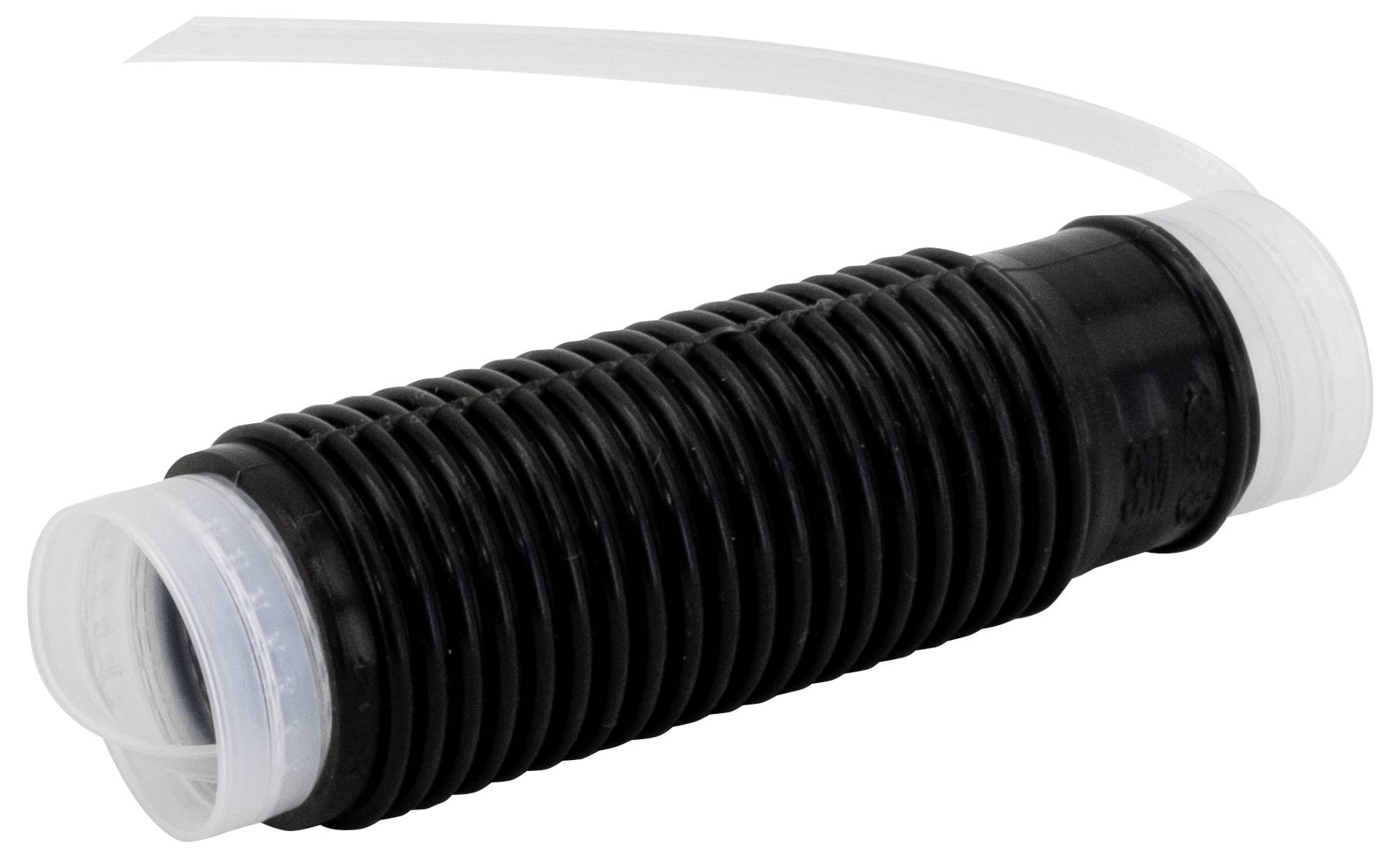 Black corrugated flexible hose with white plastic connectors on both ends, shown isolated on a white background.