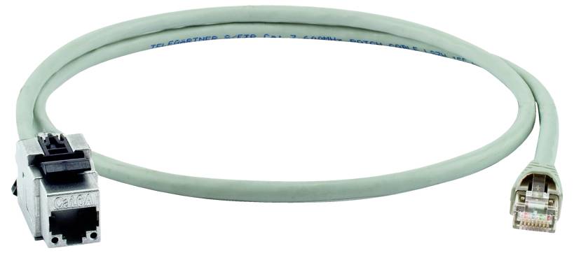 Ethernet patch cable with RJ45 connectors on both ends, one black and one clear, shown on a white background.