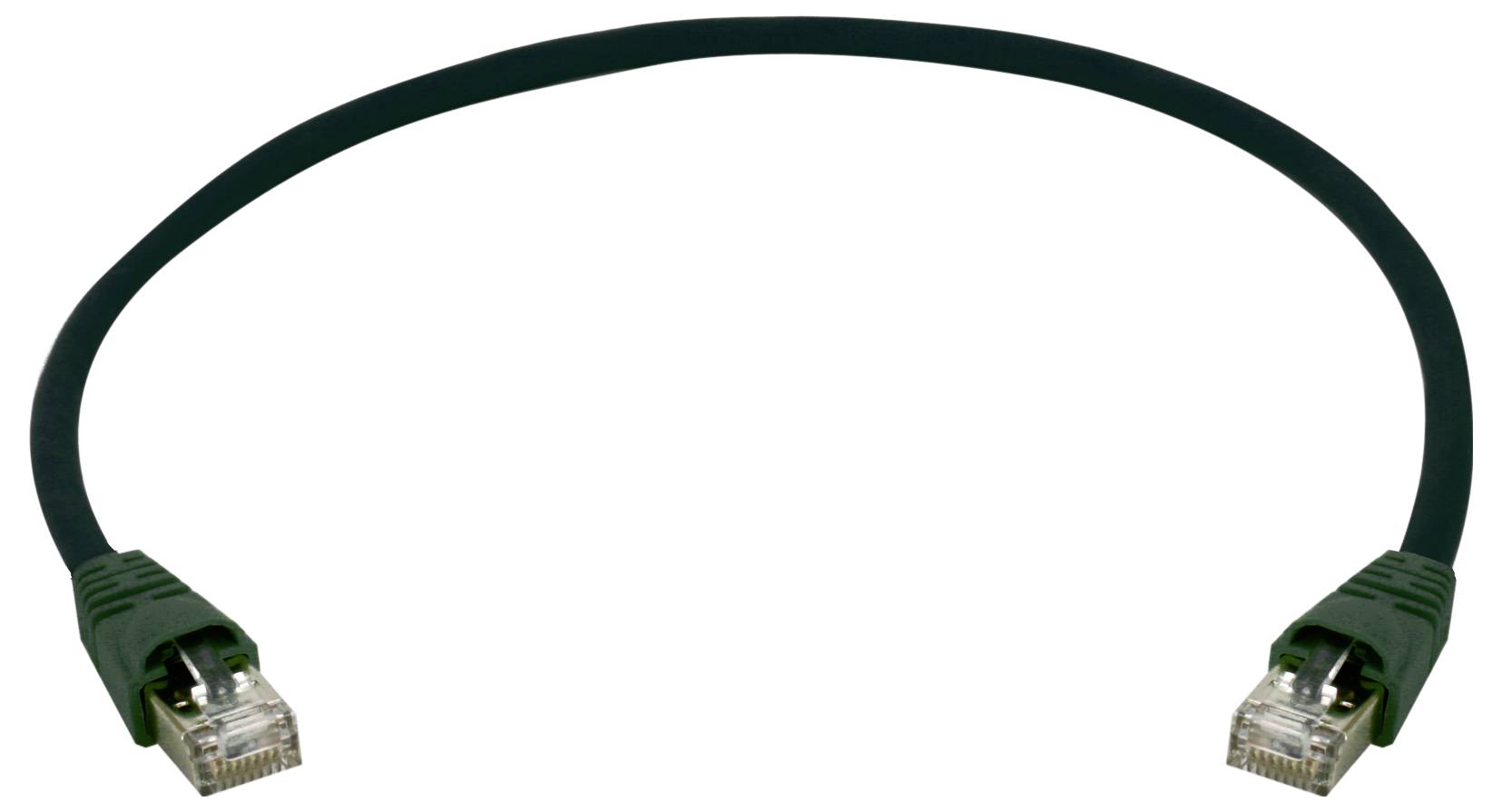 Green Ethernet cable with RJ45 connectors on both ends, shown curved on a white background.