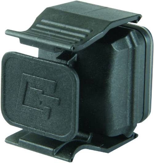 Black plastic clip-on mounting bracket or connector with hinged top cover, shown isolated on a white background.
