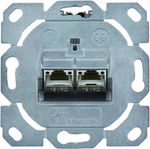Metal wall-mounted data outlet with two RJ45 network ports, shown front-on on a mounting frame.
