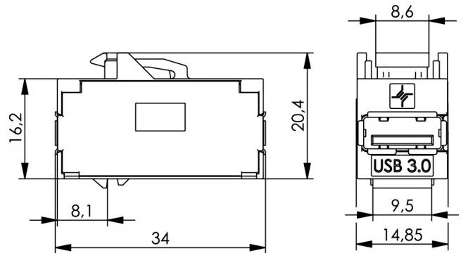 Technical drawing of a USB 3.0 connector showing front and side views with dimensions labeled in millimeters.