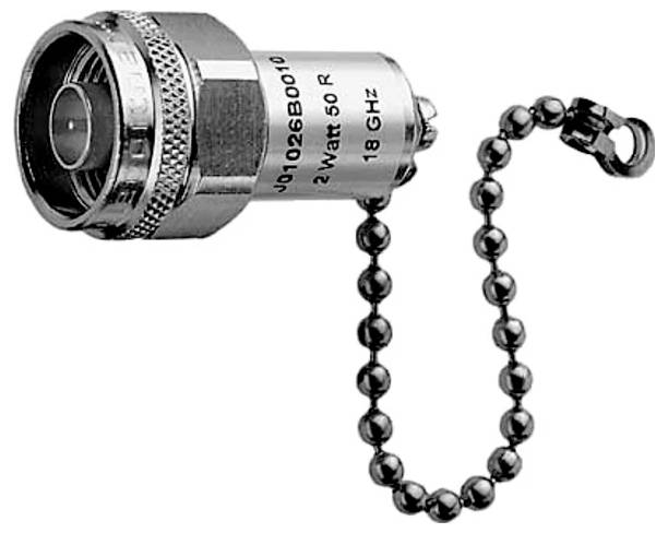 Close-up of a coaxial RF connector with a metal dust cap attached to a beaded chain on a white background.