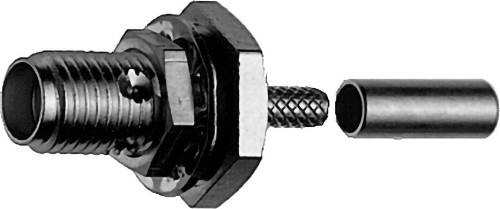 Metal threaded cable connector shown in exploded view, with housing, hex nut, rubber seal, and cable sheath separated on a white background.