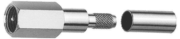 Metal coaxial cable connector parts shown separated, with a threaded hex housing on the left and a cylindrical sleeve on the right.