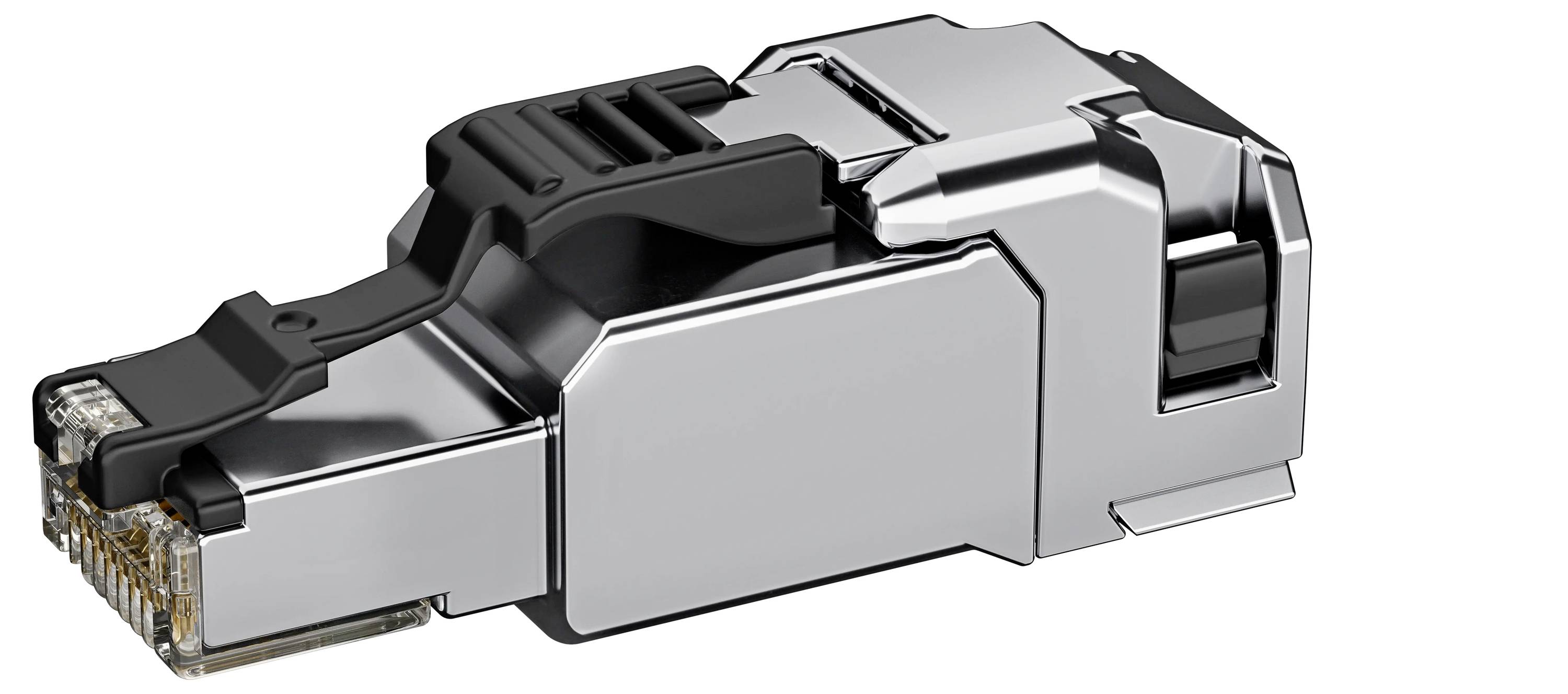 Close-up of a shielded Ethernet cable connector plug, shown in silver and black.