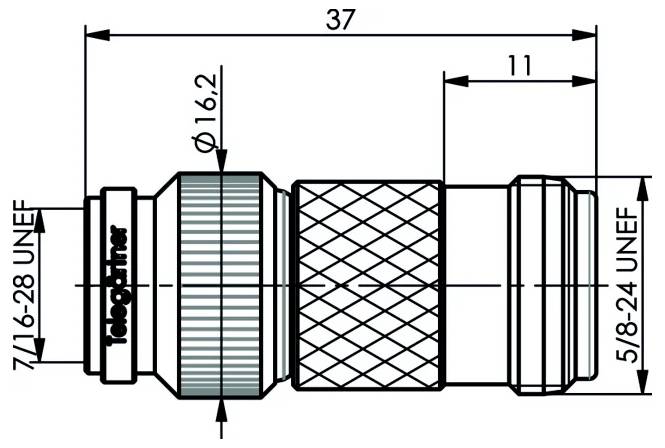 Technical drawing of a cylindrical connector/cable fitting with knurled middle section, showing dimensions 37, 11, diameter 16.2, and thread sizes 7/16-28 UNEF and 5/8-24 UNEF.