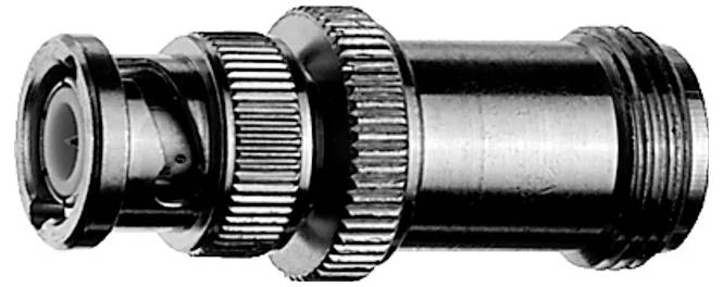 Metal cylindrical connector plug with ridged locking rings and threaded end, shown against a white background.