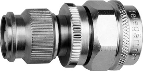 Metal pneumatic quick-connect fitting with knurled grip and hex connector, shown on a white background.