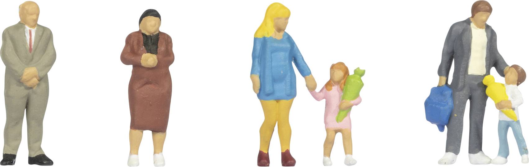 Four small figurines: a man in a suit, a woman in a dress, a woman in blue holding flowers with a child, and a man with a child and a bag.