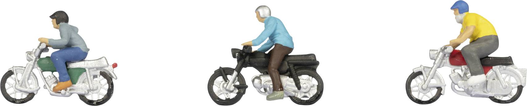 Three miniature figures riding motorcycles, each with different clothing colors: gray, blue, and yellow shirts, on white and black bikes.