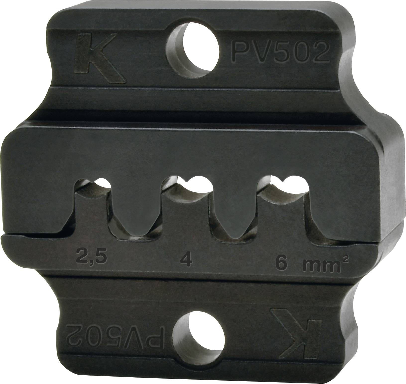 A black crimping die labeled 'PV502' with four hexagonal sections sizes: 2.5, 4, 6 mm². Designed for wire crimping tasks.