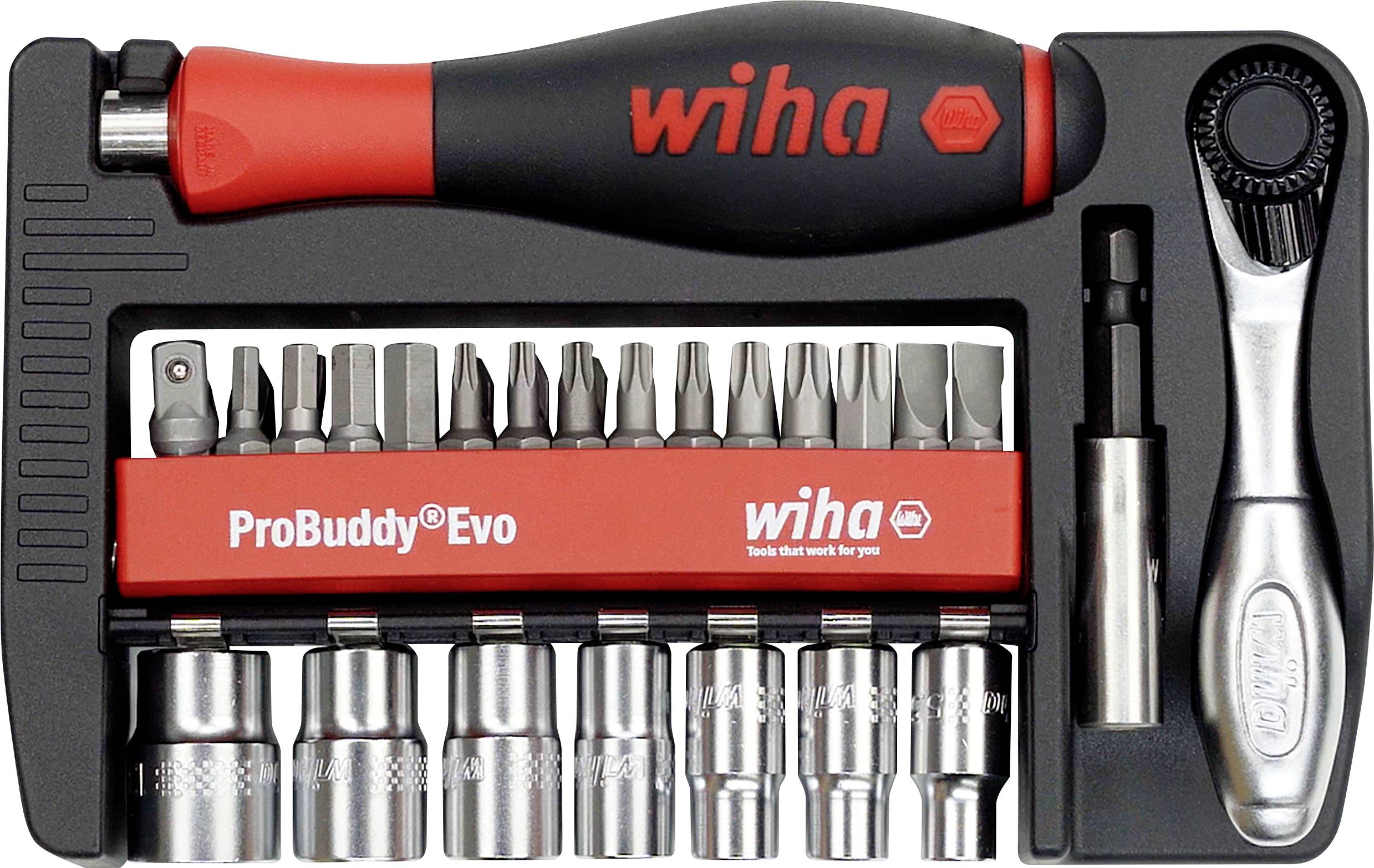 Tool set in a plastic case labeled 'ProBuddy Evo' with various screwdriver bits, ratchet, and sockets, branded 'Wiha'.