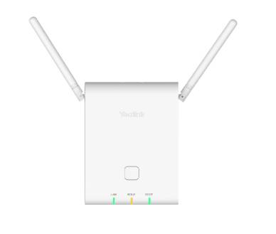 A white wireless router with two antennas, featuring indicator lights for LAN, WLAN, and Internet connections.