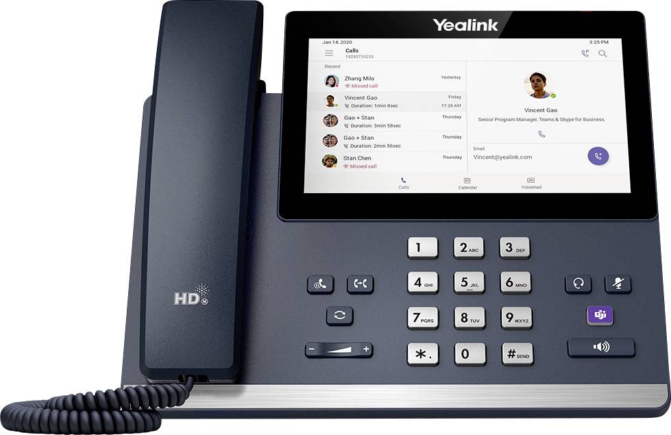 A Yealink desktop phone with a touchscreen display showing recent call logs, contact names, and call details. Features a handset and keypad.