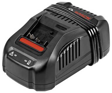 A black Bosch battery charger with vented sides, a power indicator, and ports for battery connection. Suitable for power tool batteries.