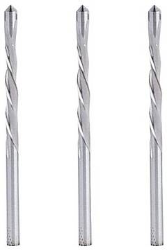 Three silver drill bits, evenly spaced, with spiraled grooves and pointed tips, used for creating holes in materials.