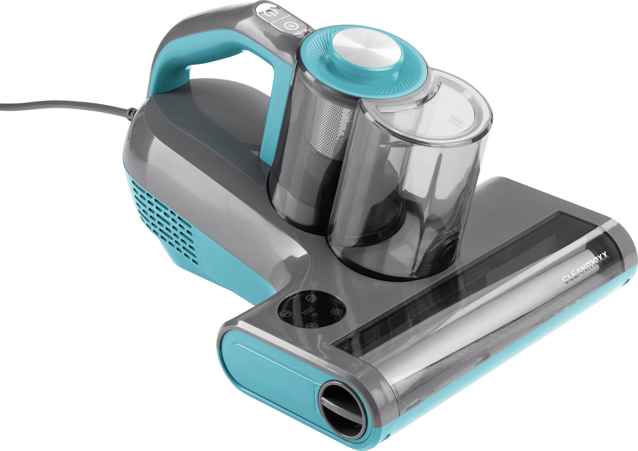A turquoise and gray handheld vacuum cleaner with a transparent dust container and a power cord, designed for easy maneuverability.