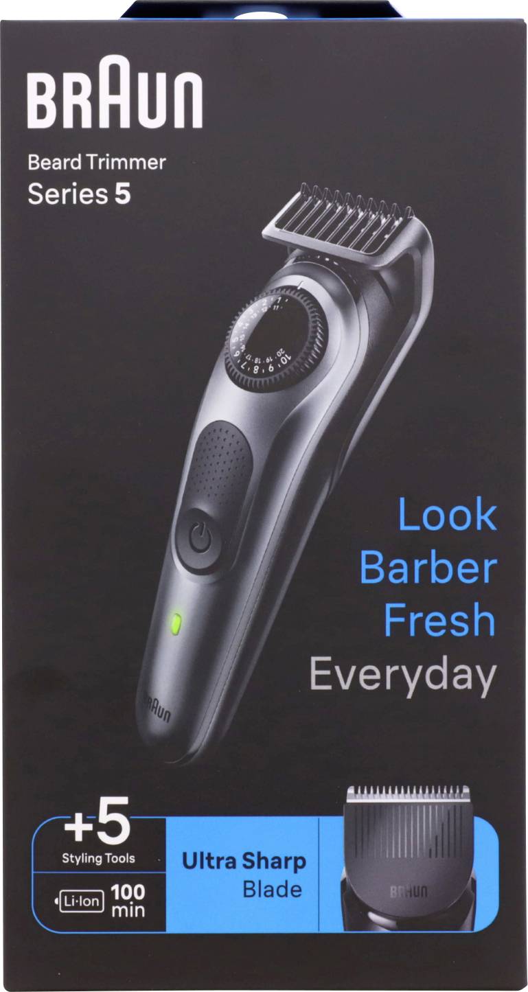 'Braun Beard Trimmer Series 5' packaging, featuring an image of the trimmer, emphasizes 'Look Barber Fresh Everyday' and 'Ultra Sharp Blade'.
