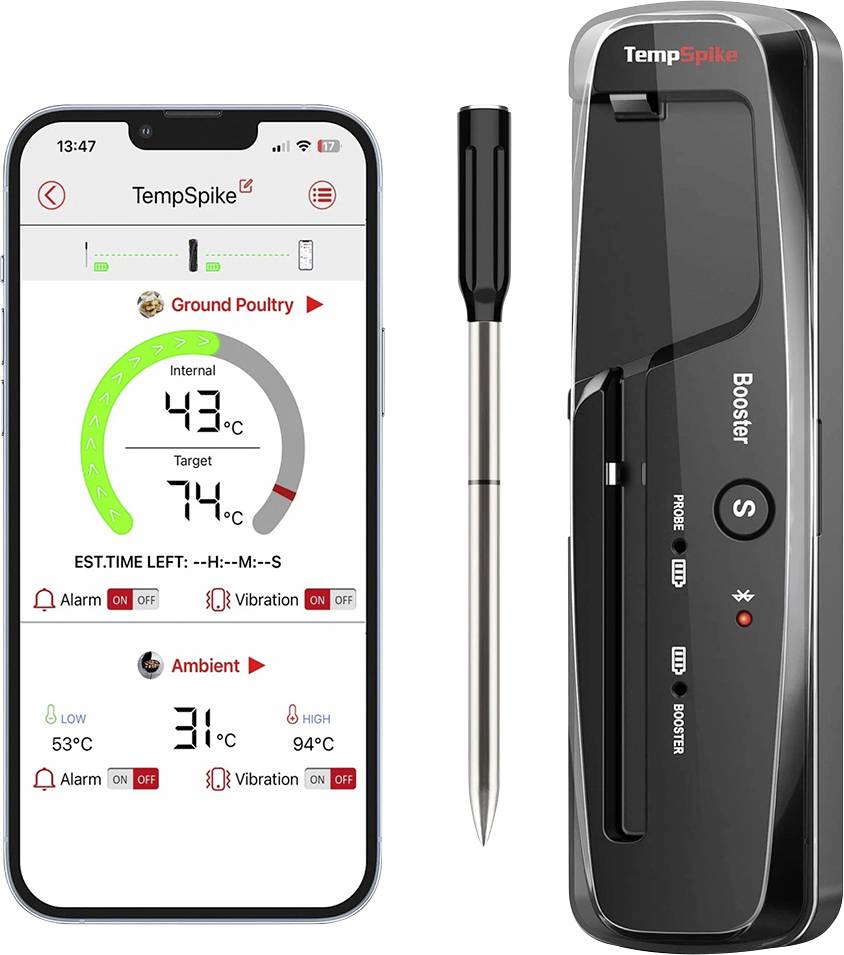 Smartphone displaying a meat thermometer app showing 'Ground Poultry' target at 74°C, current at 43°C, with a connected thermometer device.