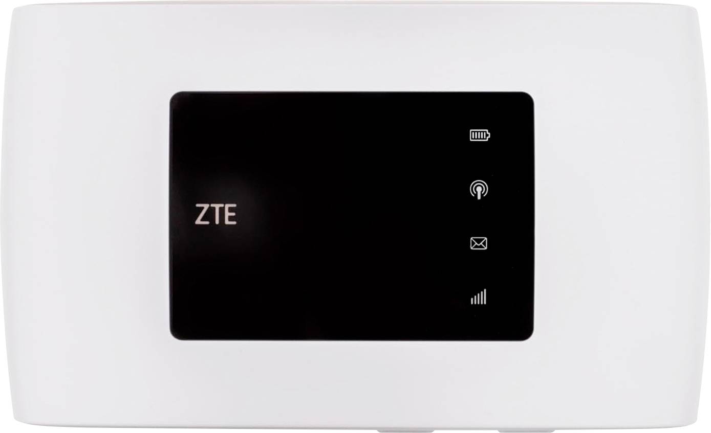 A white ZTE mobile Wi-Fi device with a black screen showing battery, Wi-Fi, message, and signal strength icons.