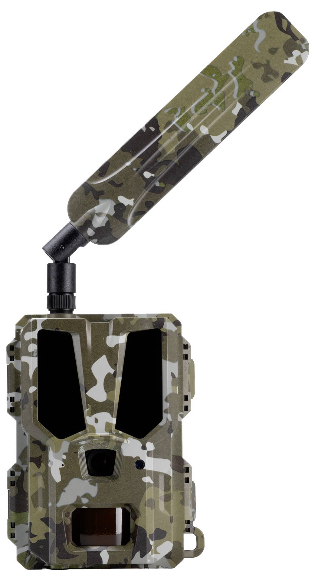 A camouflaged trail camera with a long antenna designed for wildlife monitoring and research.