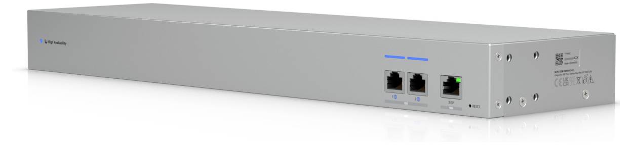 A sleek, silver network switch with company logo, three Ethernet ports, and power indicator light, angled to show side and front.