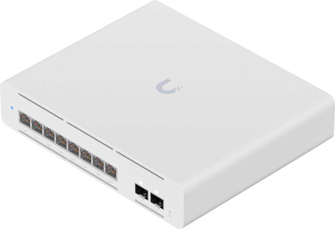 A white network switch with ten Ethernet ports and two additional ports on the front, used for connecting network devices.