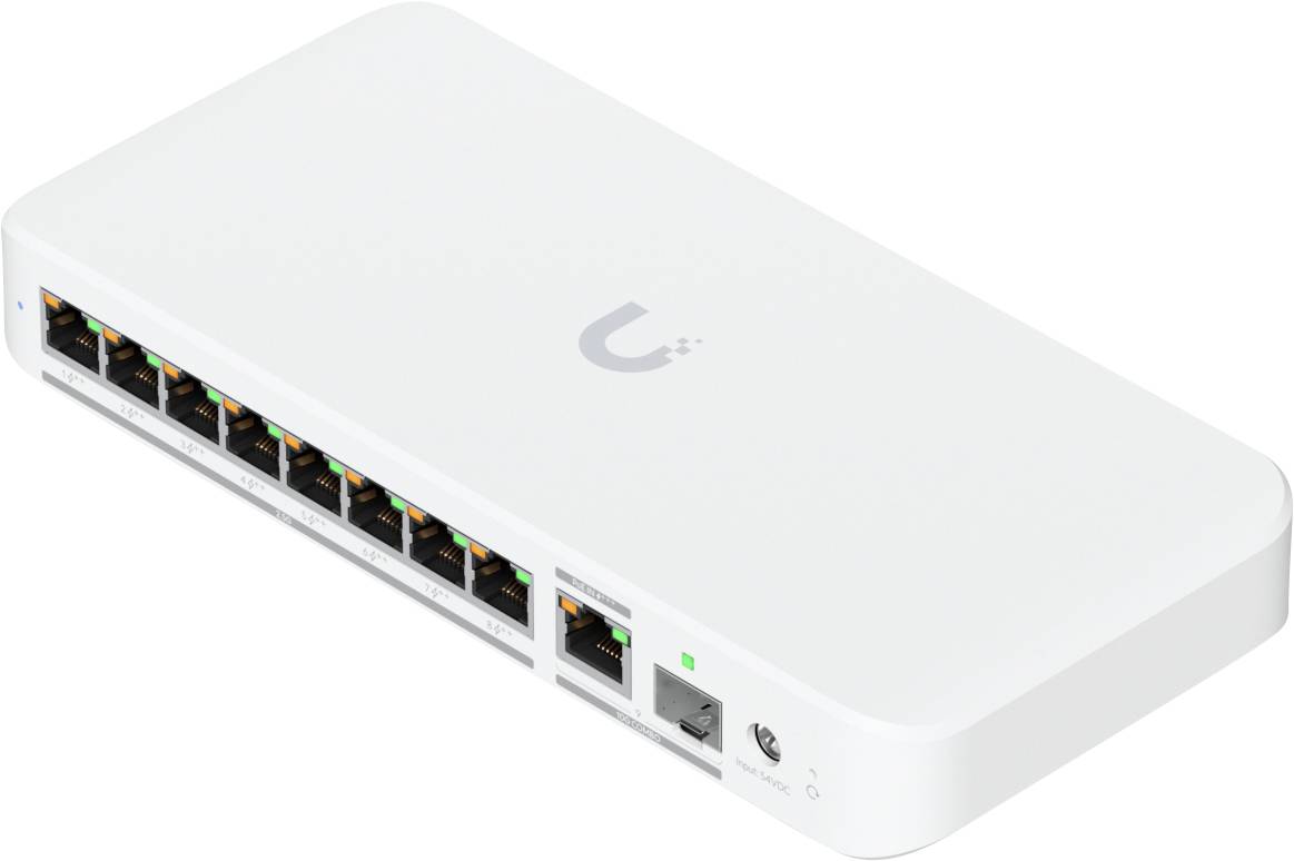 White network switch with eight Ethernet ports and a power button on the side, displaying a logo on top.