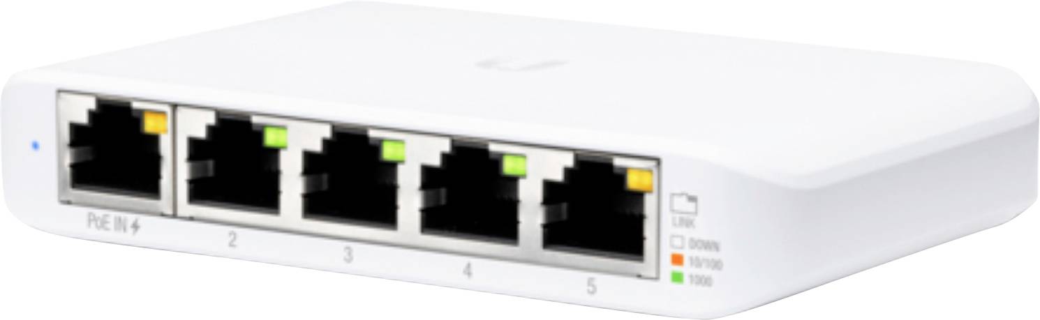 A white network switch with five Ethernet ports, each with a status light. The device is used for connecting multiple network devices.
