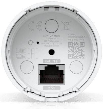 White Ubiquiti device back showing ports, labels, and QR code. Central focus on 'Poe IN' port labeled '2.5G'.