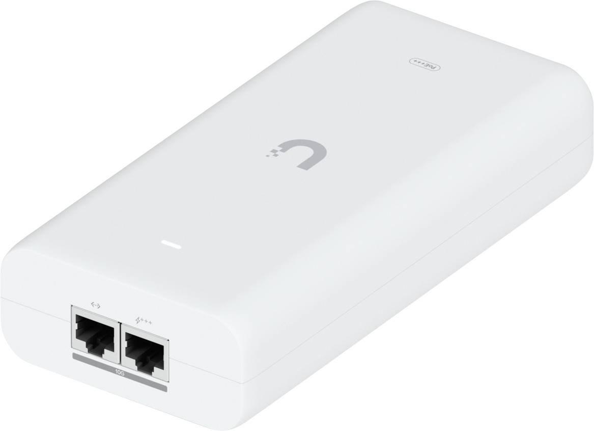 White network device with two Ethernet ports labeled 'main' and 'secondary', featuring a small logo on top.