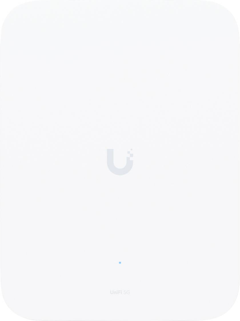 A white rectangular Wi-Fi access point with a small, centered 'Ubiquiti' logo and a blue LED indicator at the bottom.