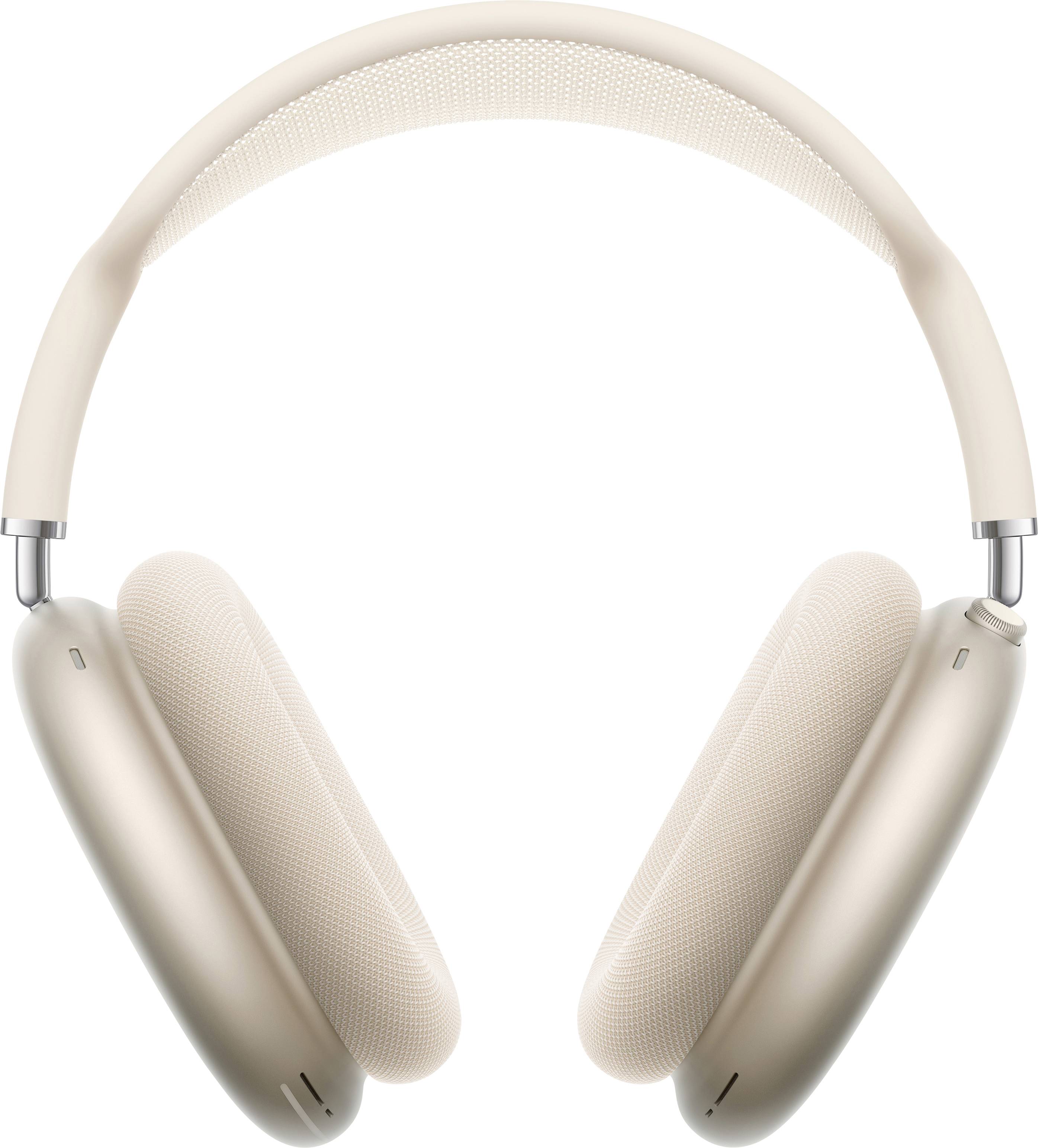 Beige over-ear wireless headphones with a mesh headband, designed for comfortable listening.