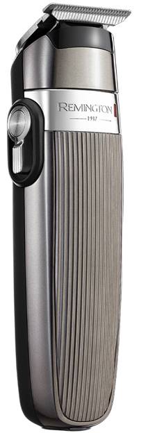 Electric hair trimmer with a sleek metallic design, featuring a textured grip and precision blade for grooming.