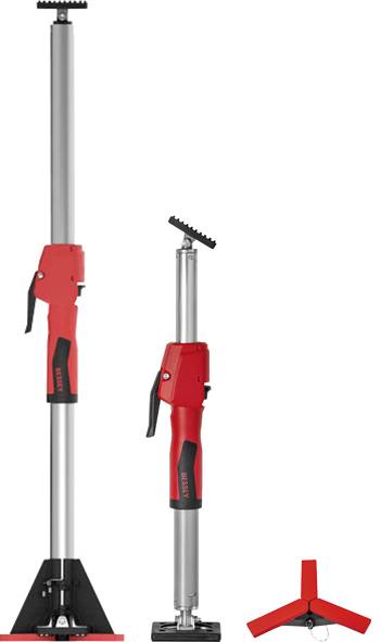 Adjustable prop support tool with red handle, shown in extended and retracted positions, includes a tri-prong stabilizing base.