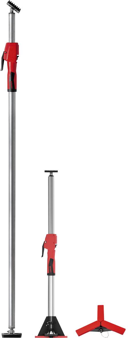 Two red telescopic support poles, one extended and one collapsed. Third object is a red tripod accessory for the poles.