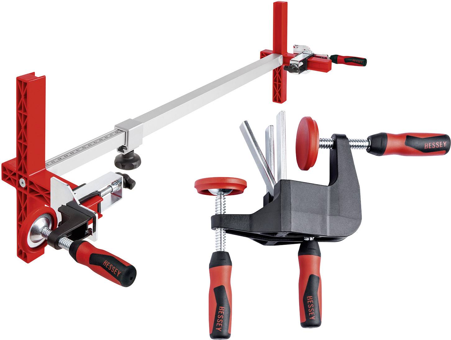 'BESSEY K Body REVO Clamp' and 'Angle Clamp' shown in a product display. Clamps are red and black, designed for precise work holding.