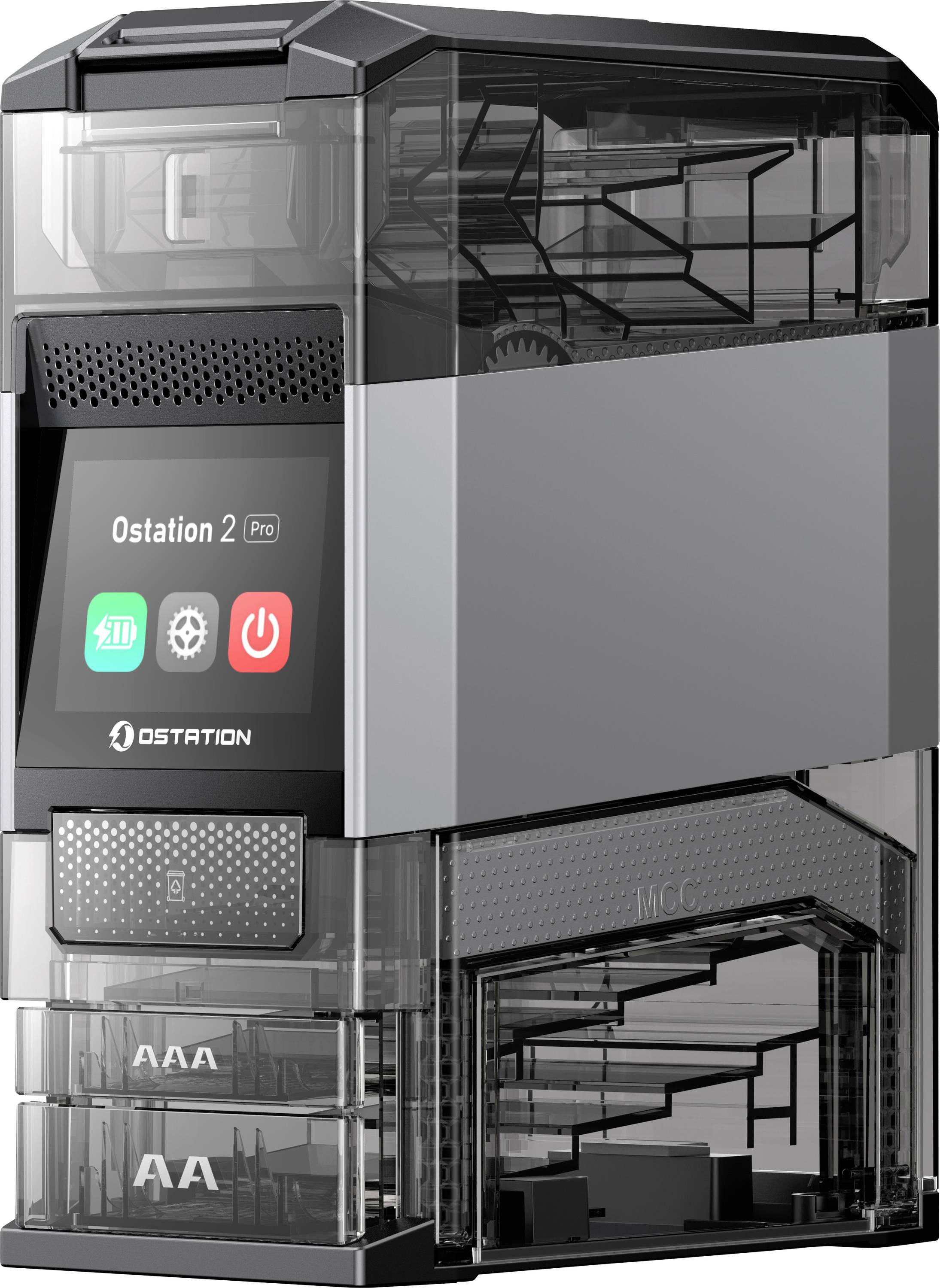 A sleek, transparent 3D printer labeled 'Ostation 2 Pro' with a digital display and storage for AAA and AA batteries.
