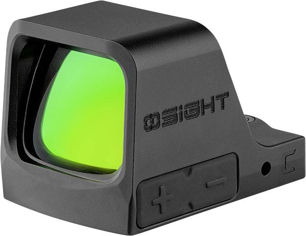 A compact, black reflex sight with a green illuminated lens, featuring adjustment buttons on the side.