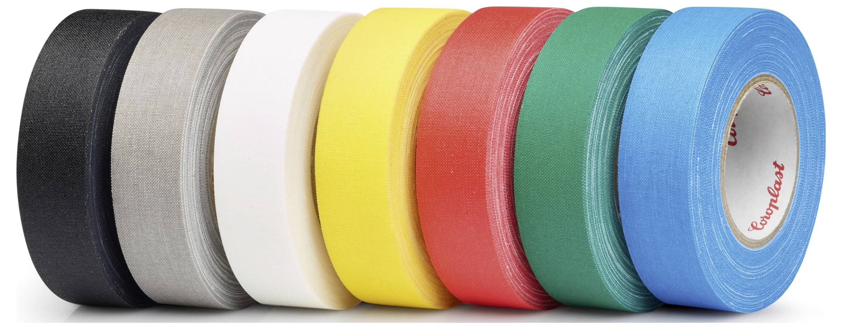 Rolls of colored adhesive tape in black, gray, white, yellow, red, green, and blue, arranged in a row from left to right.