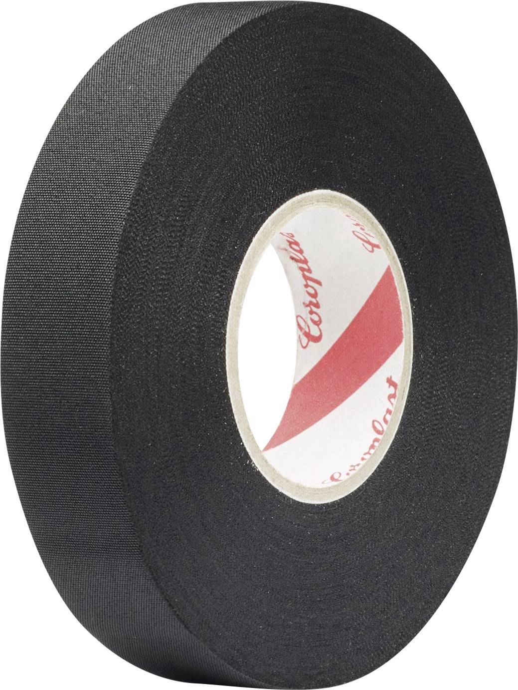A roll of black cloth tape with a visible end showing its thickness and texture, suitable for insulation or securing cables.