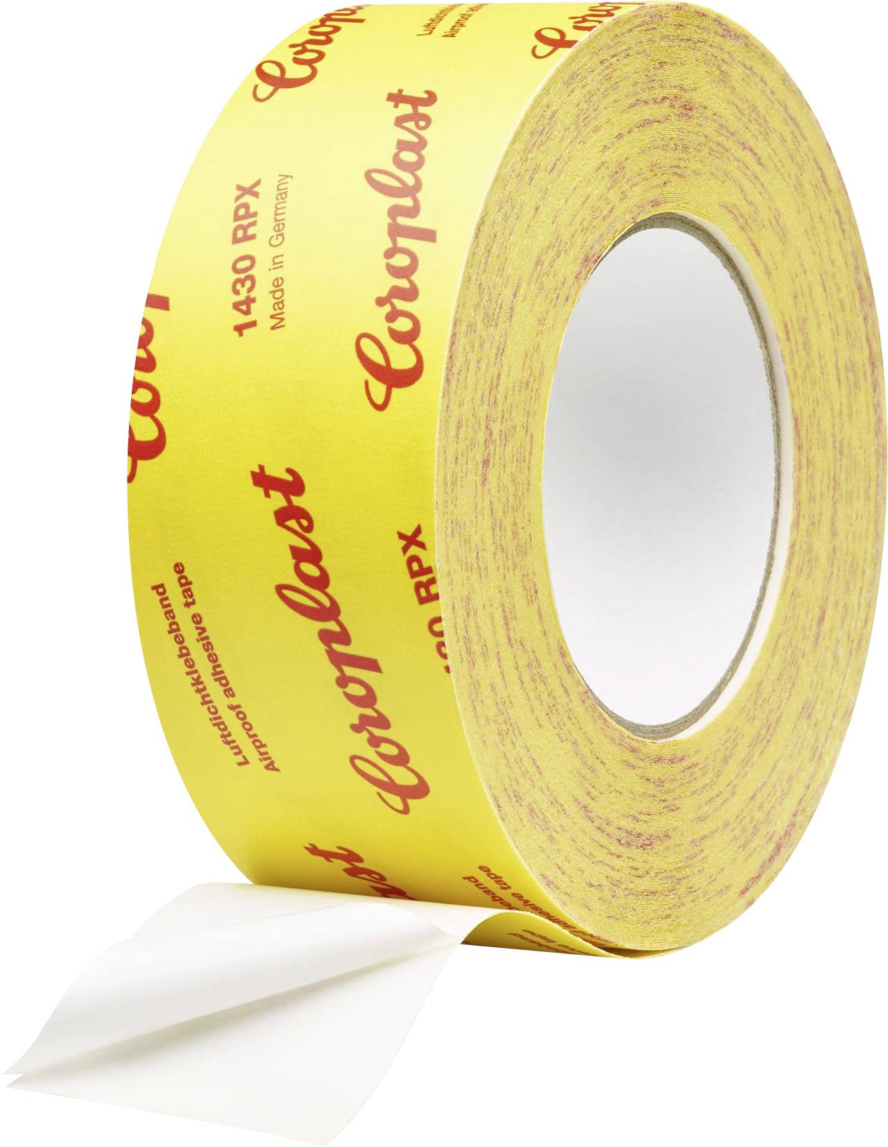 A roll of yellow adhesive tape branded 'Coroplast' with red text, partially unrolled showing the white sticky side.
