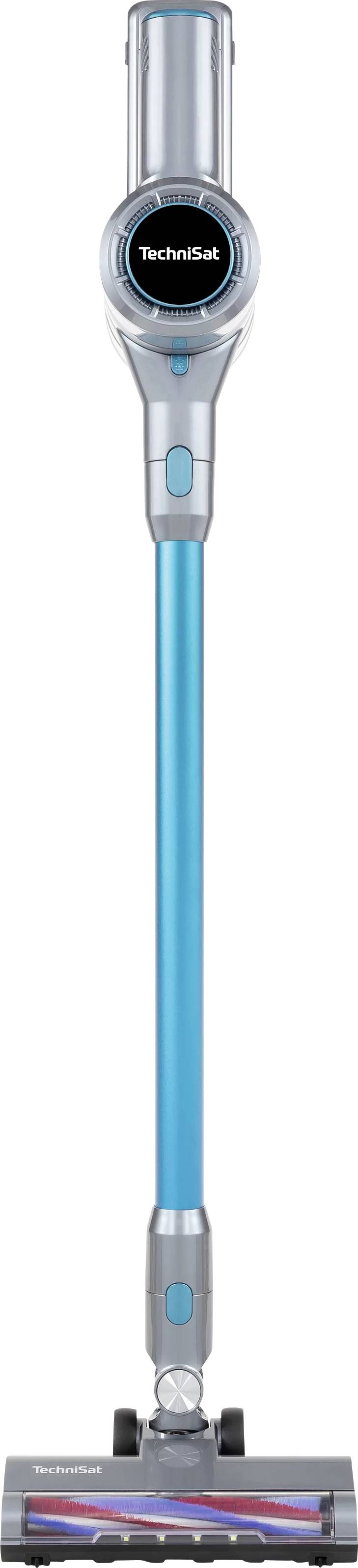 A cordless vacuum cleaner with a blue and silver design, upright position, featuring a motorized brush head and 'Technisat' branding.