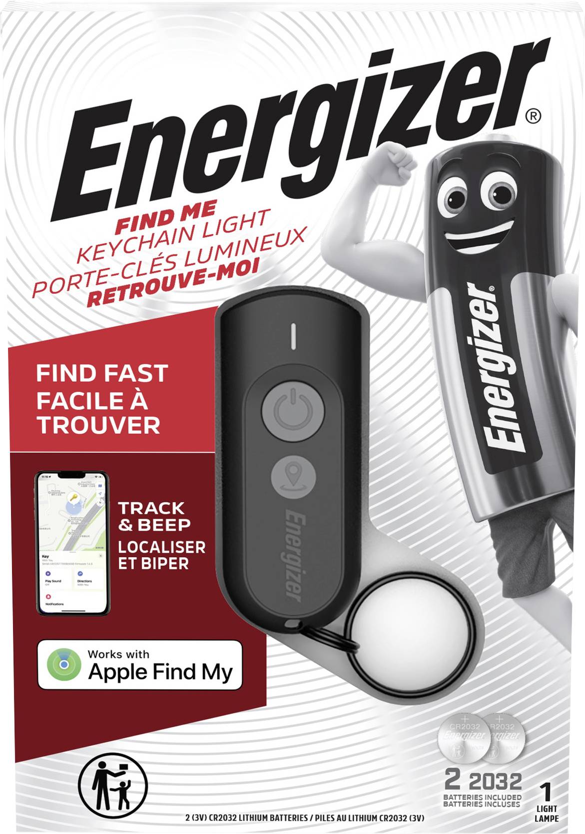 'Energizer' keychain light packaging showing product image, 'Find Me' feature powered by Apple Find My, and 2 CR2032 batteries included.
