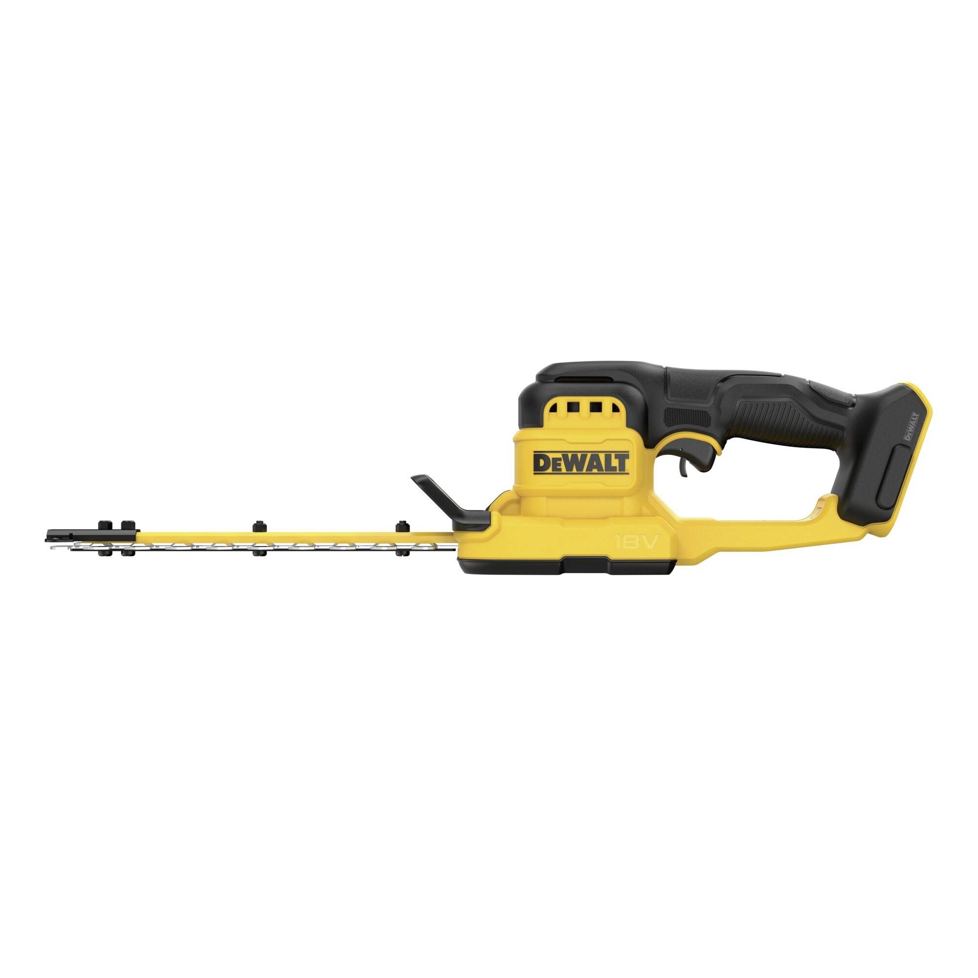 Yellow and black DeWalt 18V cordless hedge trimmer, side view, showing handle and blade, suitable for garden maintenance tasks.