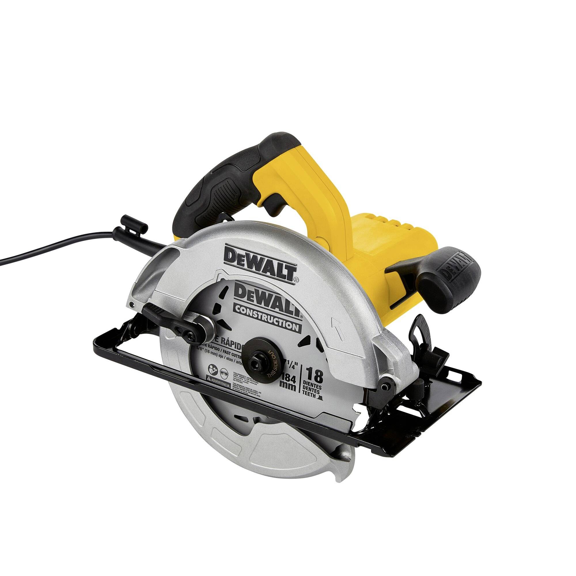 A circular saw with a yellow and black handle, marked 'DeWalt Construction', showing a metal blade for cutting materials.