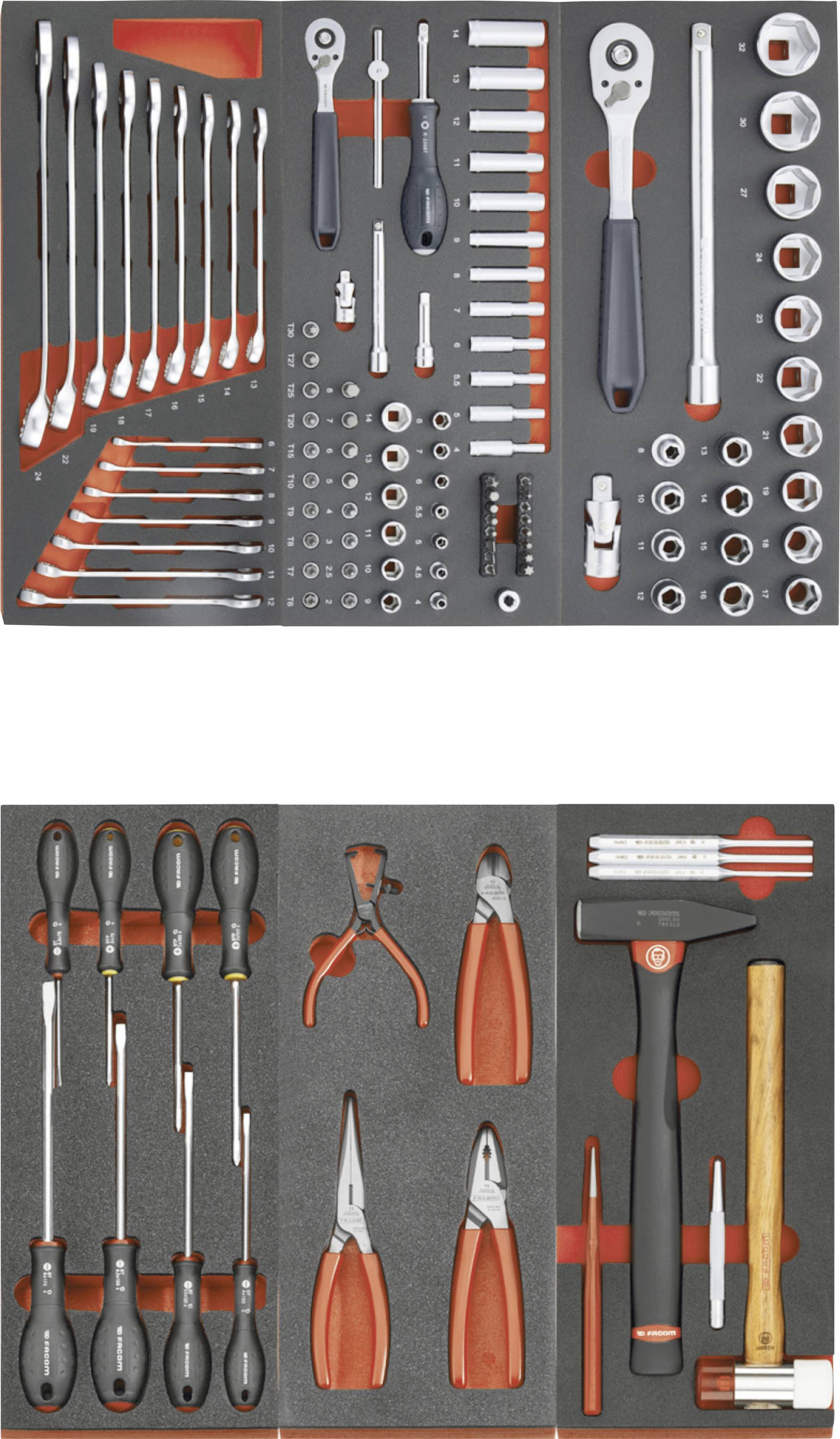 Two foam drawer organizers filled with neatly arranged hand tools, including screwdrivers, pliers, sockets, ratchets, wrenches, hammer, utility knife, and chisels.