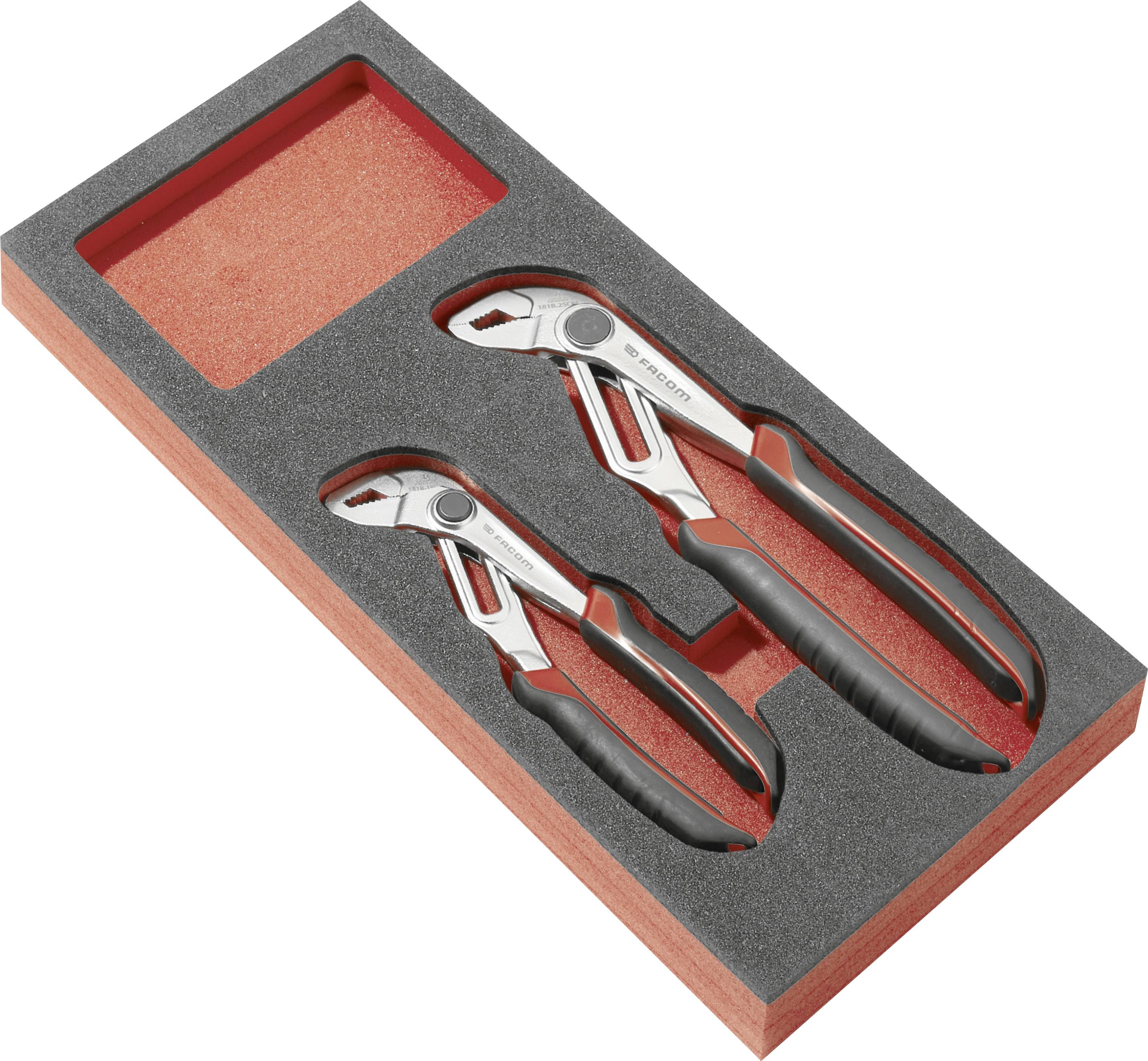Foam tool tray holding two adjustable tongue-and-groove pliers, one large and one small, in a red-and-black storage case.