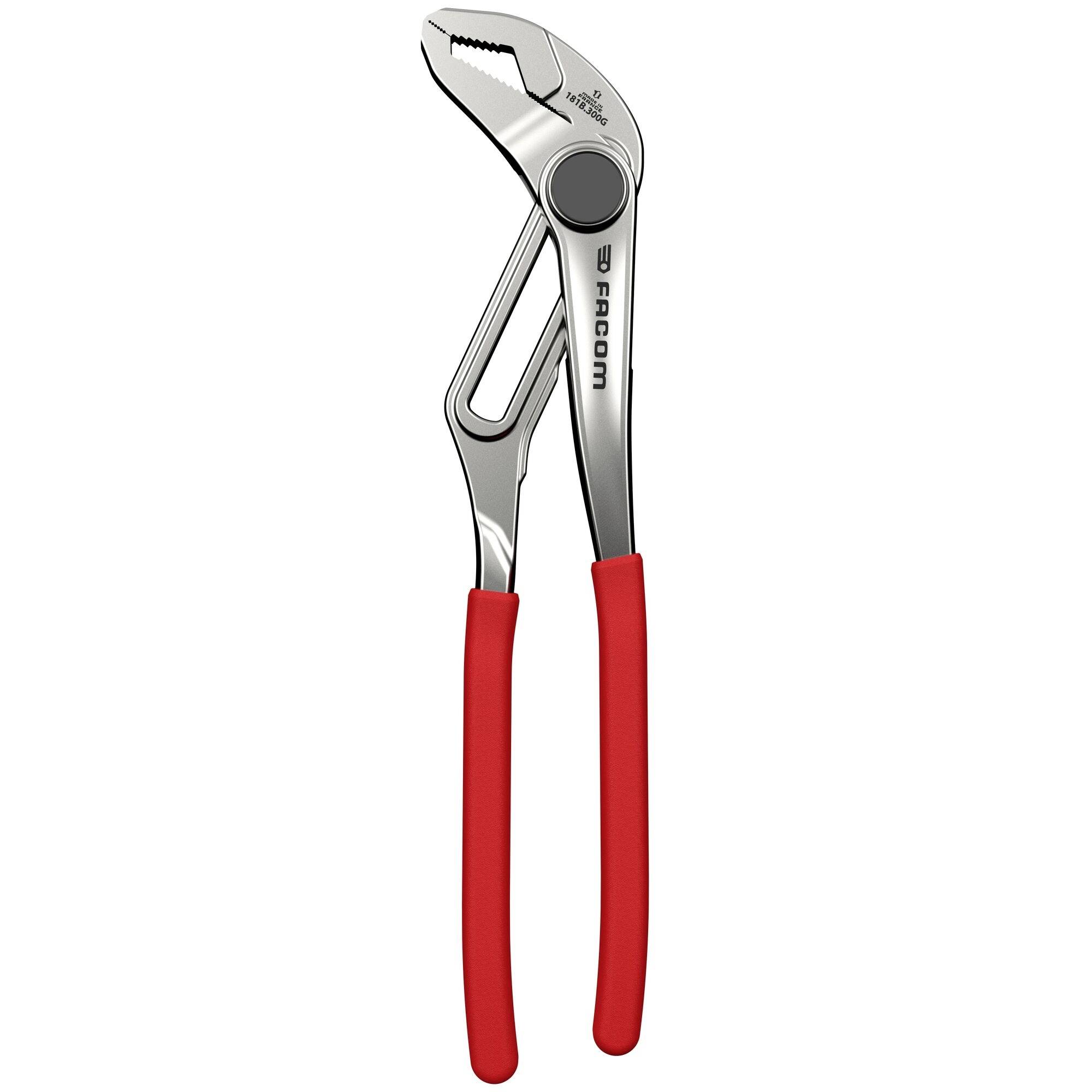 Red-handled adjustable pliers with a shiny metallic finish, designed for gripping and twisting objects, featuring a locking mechanism.